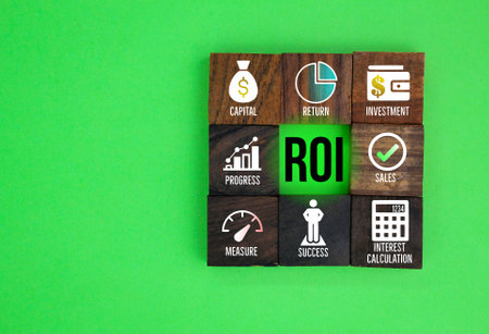 Return on investment banner with icons. ROI, capital, return, investment, progress, sales, measure, success, interest calculation icons. Business concept.の写真素材
