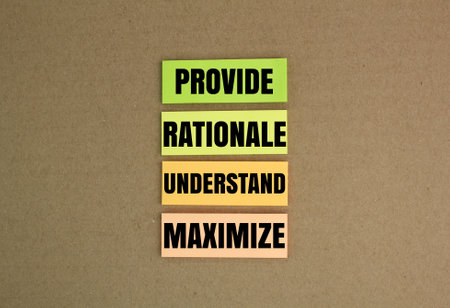 colored paper with the letters Provide, Rationale, understand and maximize. technology management...