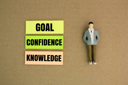 miniature people and colored paper with the word knowledge confidence goal. the concept of self...