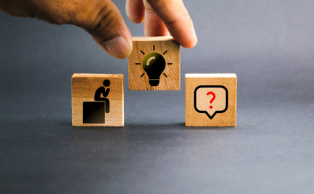 icon of a person who is stuck and a question with an idea or solution icon in the middle. the concept of answering questions or solving problemsの写真素材