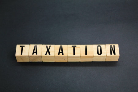 wooden cube with the word taxation. taxation business concept. tax paymentの写真素材