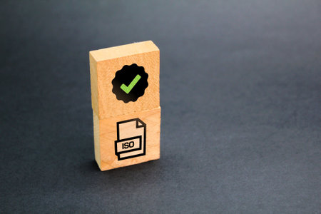 squares with certification and iso icons. ISO certification concept. ISO standards quality control assurance warranty. ISO Standard certification.の写真素材