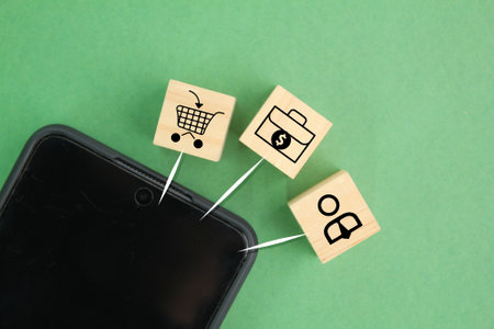 smartphone and icons of buying, business, work. the concept of smartphone use. online business concept.の写真素材