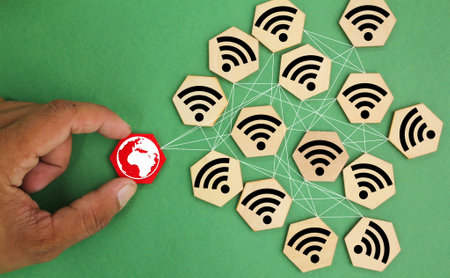 hexagon with wifi icon connected to the world. Social cyber network connect together concept.の写真素材