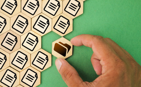 hexagon with document and folder icons. DMS concept. File data management or data transfer backup technology. Documents management systemの写真素材