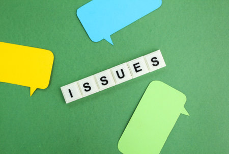 conversation bubbles with the word issue. the concept of current issues or issues of somethingの写真素材