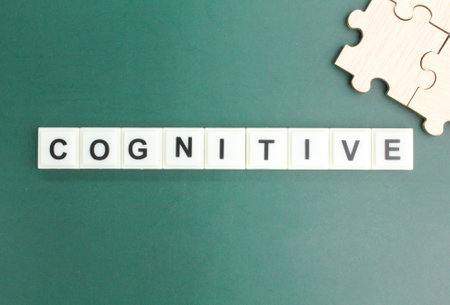 letters of the alphabet with cognitive words. the concept of mental health. relating to, being, or involving conscious intellectual activity.の写真素材