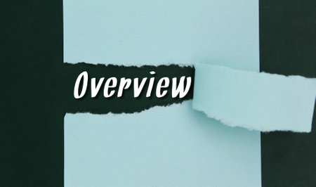 torn paper and dark green background with the words Overview. overview conceptの写真素材