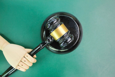 wooden hand holding the judge's gavel. Theme of justice and punishment. judicial concept or sentencingの写真素材