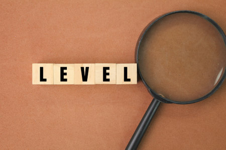 magnifying glass and wooden cube with the word level. the concept of rank or levelの写真素材