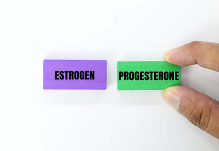 colored circles with the words estrogen and progesterone. concept of female hormones and menopauseの写真素材