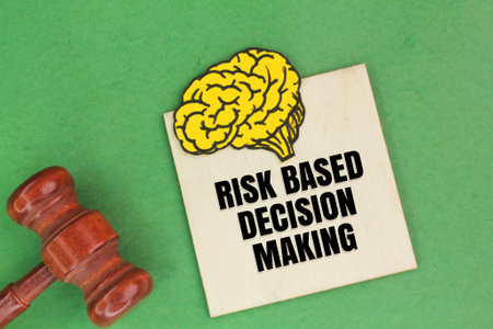 judge's gavel, brain shape and stick with the word risk based decision making.