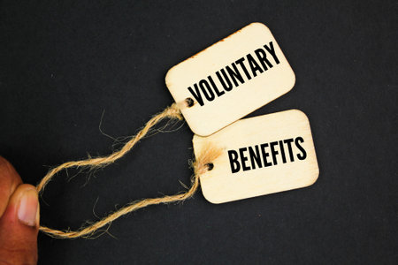 wooden tag with the word Voluntary Benefits. the concept of profitの写真素材