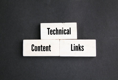 white wood with three words What are the three parts of SEO? Technical, Content and Links