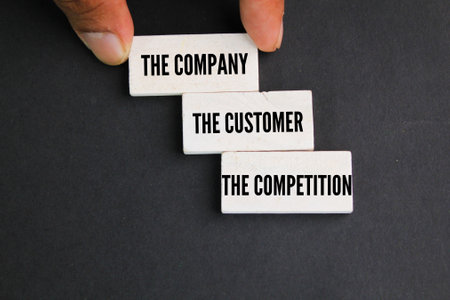 white wood with three words the company, the customer, and the competition. THE THREE Cs STRATEGIC MARKETINGの写真素材