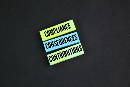 colored paper with the three words compliance, consequences and contributions. The three Cs of business ethicsの写真素材