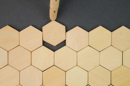 susunan heksagon kayu yang diselesaikan atau completed. complete, processing in order, or selection concept. finishing arrangementの写真素材