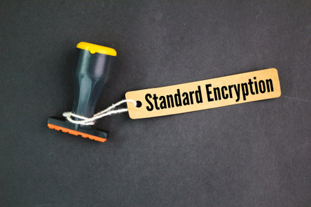 stamp and tag the paper with the words Standard encryption. block cipher, meaning a cryptographic keyの写真素材