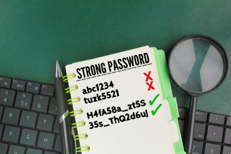 laptop keyboard, magnifying lens, pen and book with the word strong password. long alphanumeric characters and symbols. Concept of securing online account from being hackedの写真素材