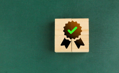 wooden puzzle with CERTIFIED icon. Standard certification, accurate selection, production standards and good quality.の写真素材