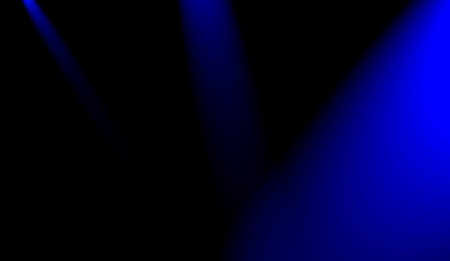 three blue light beams with a dark background. Empty scene blue wall with three spotlights. Stock image of abstract spot lightの写真素材