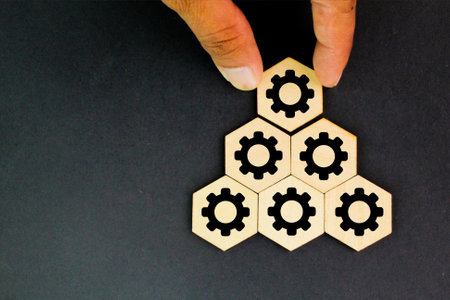 hexagon with management icon or gear cog. management concept of leaders or TEAMWORK. Successful business and process management. Workflow automation diagram. Planning growth strateの写真素材