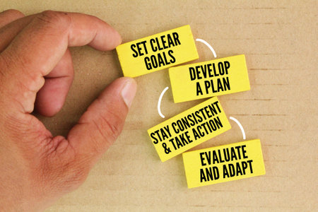 Set Clear Goals, Develop a Plan, Stay Consistent and Take Action, Evaluate and Adapt. Four essential steps to achieving successの写真素材