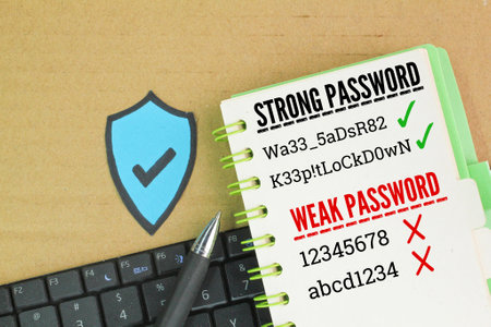 laptop keyboards and books with strong password words and weak passwords. the concept of finding a strong password. The concept of protecting online accounts from being hackedの写真素材