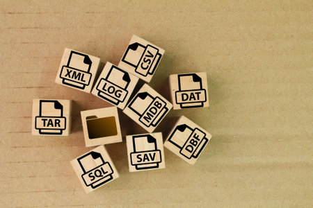 Data and database file extensions ie Tar, Xml, Log, Csv, Dat, Mdb, Sql, Sav, Dbf. Data in a database is analyzed using Database Management Systemの写真素材
