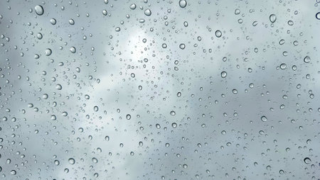 water drops on glass. Water droplets perspective through glass surface against blue sky good for...