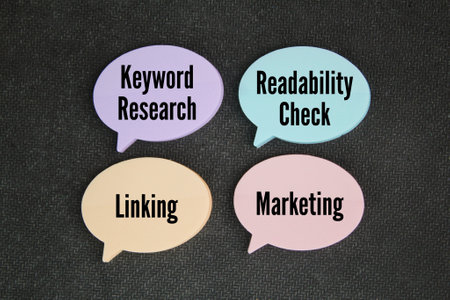 paper conversation bubbles with the words keyword research, readability check, linking, and...