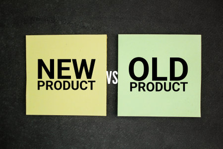 colored paper with the words new product vs old product. the concept of product selection or quality products or in demandの写真素材