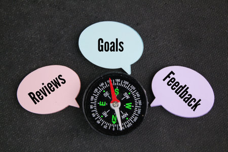 compass with three words Reviews, Goals, and Feedback. What are the 3 performance elements.の写真素材