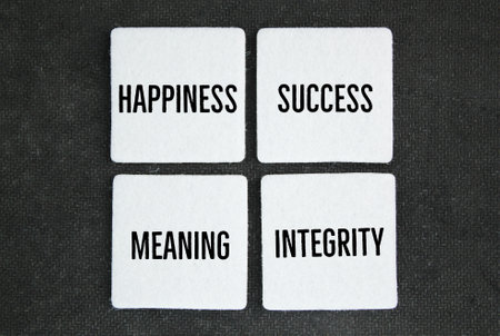 white square with the words Happiness, success, meaning, and integrity. What are the 4 main goals in...