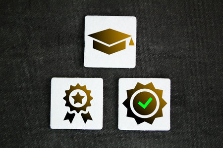 three icons certified, educated and trusted icon. certified, good, quality, trusted. learned conceptの写真素材