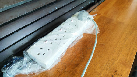plug or connector switch is wrapped in plastic from being exposed to water for safety and waterproof. Multiple Power Cords Connected and Wrapped in Plastic Bags for Temporary Waterの写真素材