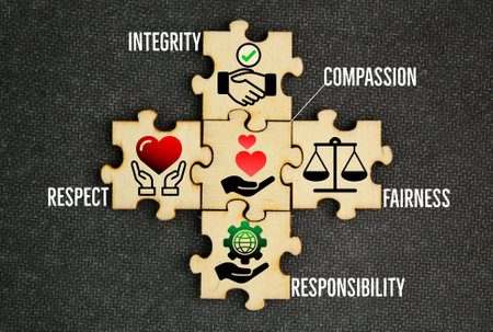 wooden puzzle with icons and the words Integrity, Respect, Responsibility, Fairness, Compassion. The 5 basic values ââare often emphasized in personal, social, and ethical developmの写真素材