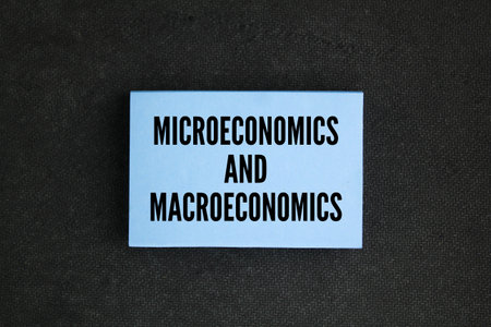 paper with the words Microeconomics and macroeconomics. Microeconomics is the field of economics that looks at the economic behaviors of individuals, households, and companiesの写真素材