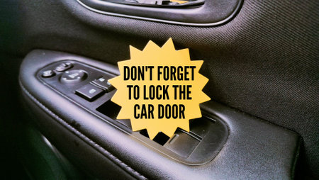 yellow star paper in the car with the words don't forget to lock the car doorの写真素材