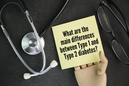 stethoscope and paper with questions What are the main differences between Type 1 and Type 2 diabetes? about diabetesの写真素材