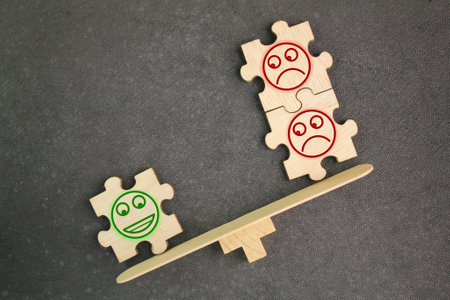 balance between positive and negative facial expressions. satisfied and dissatisfied. smiley and...