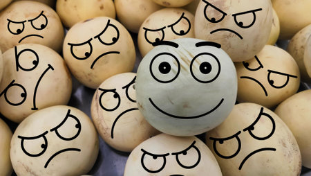 draw on the fruit with facial expressions of one happy and the other angry. negative environment. concept of anger and envyの写真素材