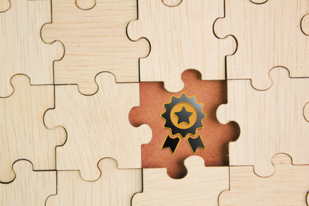 puzzle with best seller icons. Best seller icon. Premium quality product service medal with star symbol. Quality certificate symbol. Victory reward sign. Competition trophy emblem.の写真素材