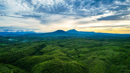 Aerial view of the mountain at sunset, Aceh, Indonesiaの写真素材
