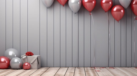 Valentine's Day background with red balloons and gift box on wooden floor - 3D Renderingの写真素材