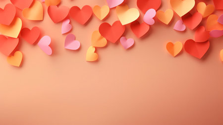 Colorful paper hearts on pink background. Valentines day background.の写真素材