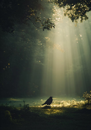 Silhouette of a crow in a foggy forest at sunriseの写真素材