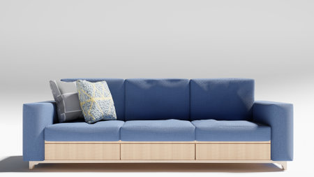 Blue sofa with teak wood frame with two pillows and white background