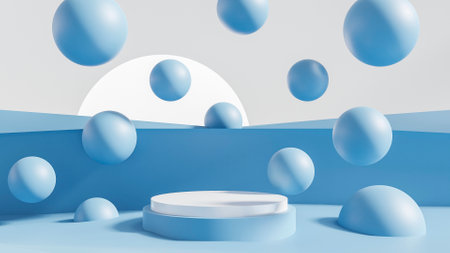 Abstract minimal scene with round podium and blue balls. 3d render for cosmetic products display.