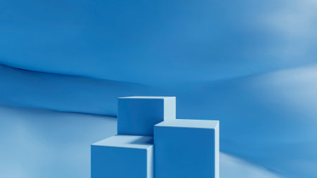 Abstract minimal scene with blue podiums on blue background. 3d renderの写真素材